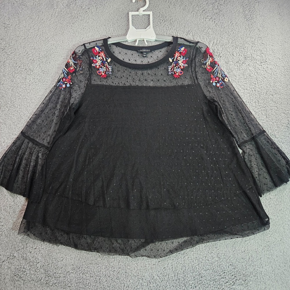 Lane Bryant Top Blouse Women Size 14 / 16 Embroidered Sheer Lined Black